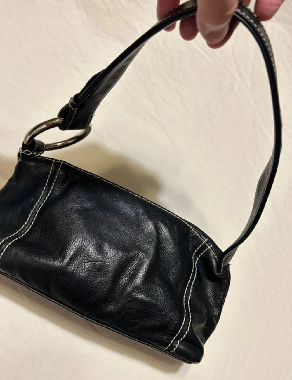 DONALD J Pliner Black LEATHER Shoulder Bag Silver Ring Womens HANDBAG